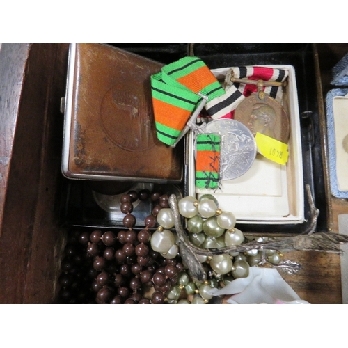 418 - A wooden deeds type box to include medals, coins and costume jewellery