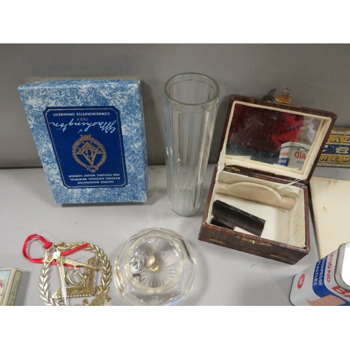 433 - A box of collectables, including Masonic medals etc.,