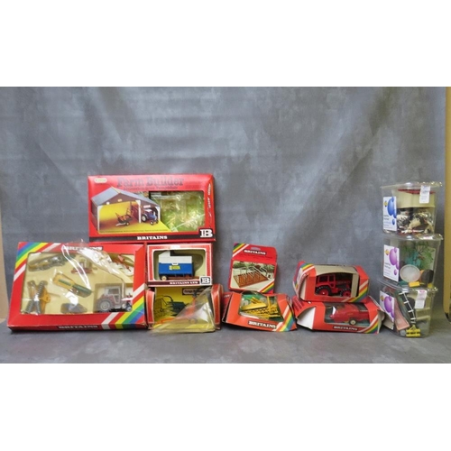 114 - A SELECTION OF BOXED AND UNBOXED MAINLY BRITAINS TOYS, to include Volvo tractor, animal pens, farm b... 