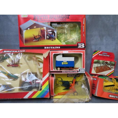 114 - A SELECTION OF BOXED AND UNBOXED MAINLY BRITAINS TOYS, to include Volvo tractor, animal pens, farm b... 