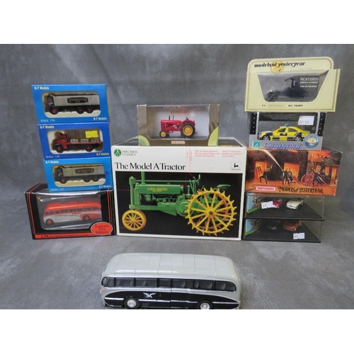 119 - A MIXED BOX OF DIE CAST VEHICLES, to include boxed John Deere model A tractor, Universal Hobbies Mas... 