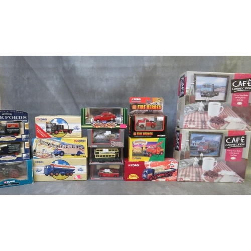 123 - MIXED TRAY OF BOXED CORGI DIE CAST VEHICLES, to include two Cafe Collection vehicles CC10501 and CC1... 