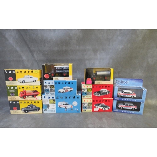 124 - ELEVEN BOXED VANGUARD DIE CAST TRUCKS AND CARS, to include two VA08904 Austin 2200 Staffordshire pol... 