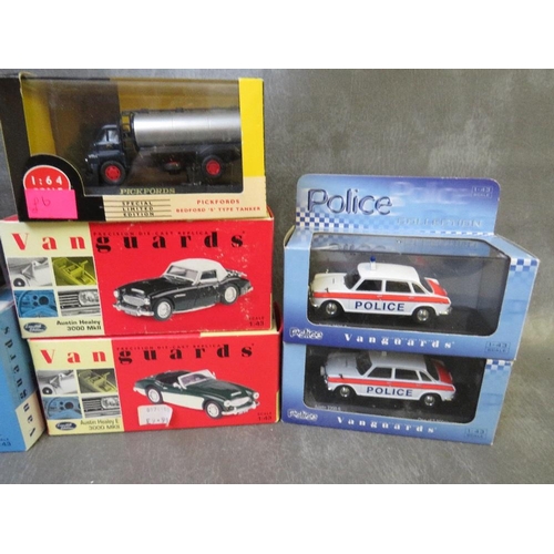 124 - ELEVEN BOXED VANGUARD DIE CAST TRUCKS AND CARS, to include two VA08904 Austin 2200 Staffordshire pol... 