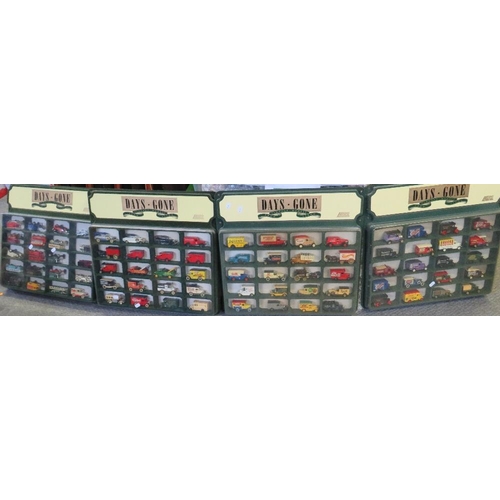 128 - FOUR DAYS GONE CAR WALL SHELVES, each containing twenty die cast vehicles