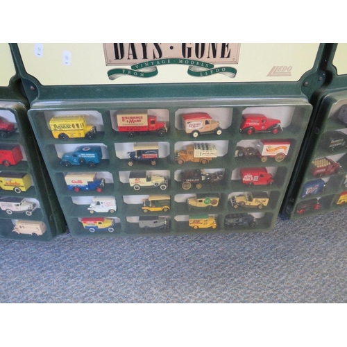 128 - FOUR DAYS GONE CAR WALL SHELVES, each containing twenty die cast vehicles