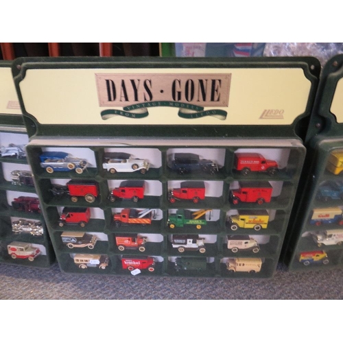 128 - FOUR DAYS GONE CAR WALL SHELVES, each containing twenty die cast vehicles