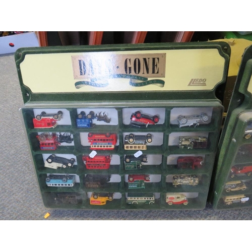 128 - FOUR DAYS GONE CAR WALL SHELVES, each containing twenty die cast vehicles