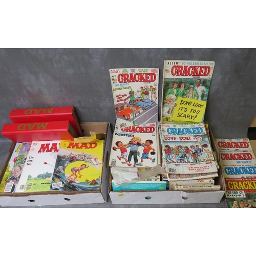 20 - TWO TRAYS CONTAINING A SELECTION OF VINTAGE COMICS / MAGAZINES / PAPERBACK BOOKS, to include MAD and... 