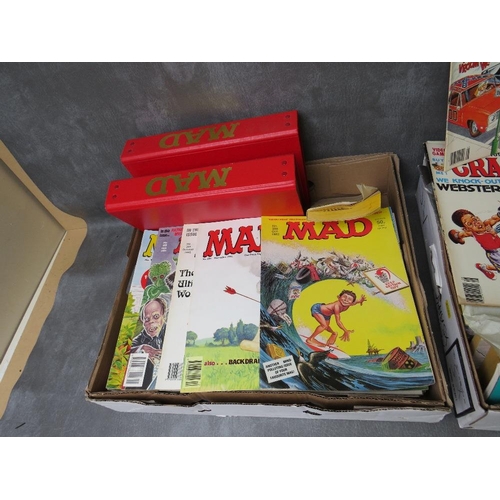 20 - TWO TRAYS CONTAINING A SELECTION OF VINTAGE COMICS / MAGAZINES / PAPERBACK BOOKS, to include MAD and... 