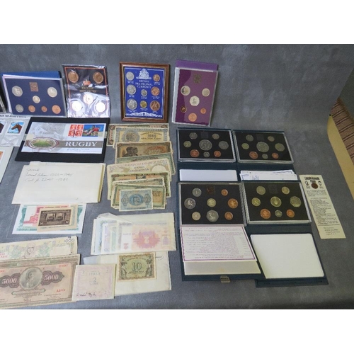 41 - A COLLECTION OF COINS, BANK NOTES AND STAMPS, to include proof sets 1971, 1980, 1982, 1993, 1194 etc