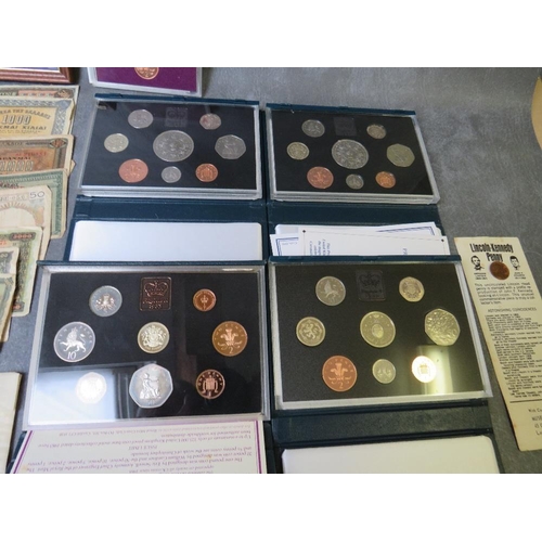 41 - A COLLECTION OF COINS, BANK NOTES AND STAMPS, to include proof sets 1971, 1980, 1982, 1993, 1194 etc