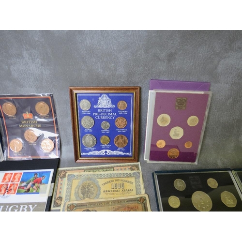 41 - A COLLECTION OF COINS, BANK NOTES AND STAMPS, to include proof sets 1971, 1980, 1982, 1993, 1194 etc