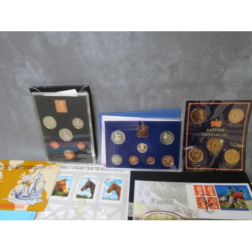 41 - A COLLECTION OF COINS, BANK NOTES AND STAMPS, to include proof sets 1971, 1980, 1982, 1993, 1194 etc