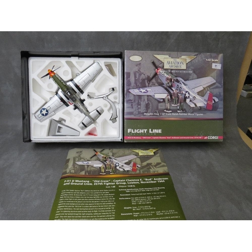 61 - A BOXED CORGI 1:32 SCALE FLIGHT LINE COLLECTION P-51D MUSTANG 'OLD CROW' AEROPLANE, with stand and g... 