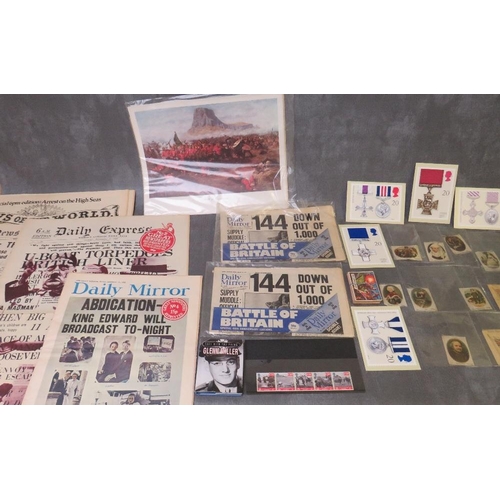 67 - A TRAY OF EPHEMERA TO INCLUDE VINTAGE NEWSPAPERS, commemortive Edwards Abdications 1936 Daily Mirror... 