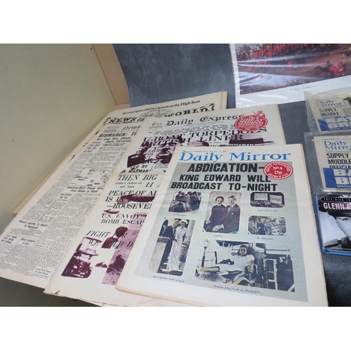 67 - A TRAY OF EPHEMERA TO INCLUDE VINTAGE NEWSPAPERS, commemortive Edwards Abdications 1936 Daily Mirror... 