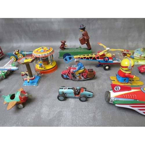 84 - A TRAY OF MAINLY TIN PLATE TOYS, to include an early American military vehicle, bus, plane, rocket r... 