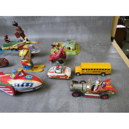 84 - A TRAY OF MAINLY TIN PLATE TOYS, to include an early American military vehicle, bus, plane, rocket r... 