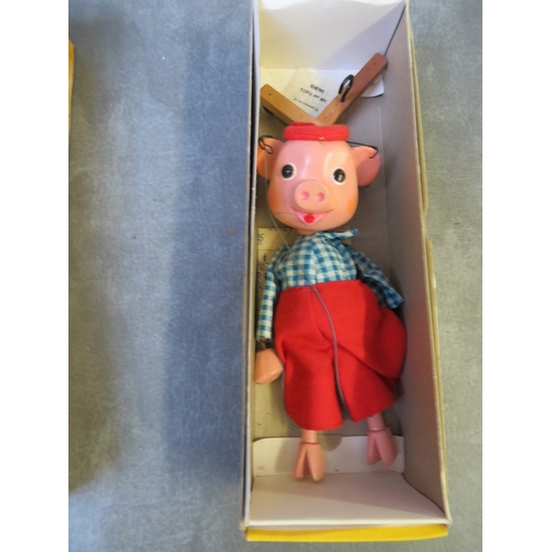 182 - THREE PELHAM PUPPETS, rare boxed 'Perky The Pig', boxed clown and boxed black poodle, FOUR UNBOXED P... 