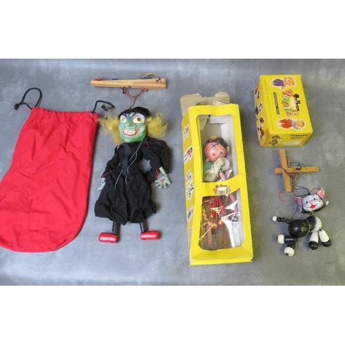 183 - THREE PELHAM PUPPETS, boxed gypsy, boxed cat and rare unboxed green witch in red puppet bag (3)