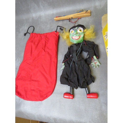 183 - THREE PELHAM PUPPETS, boxed gypsy, boxed cat and rare unboxed green witch in red puppet bag (3)