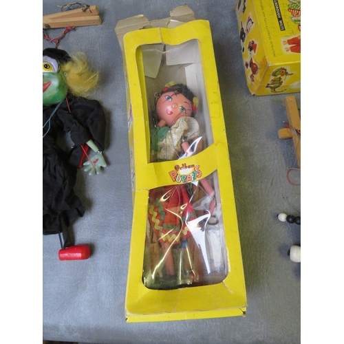 183 - THREE PELHAM PUPPETS, boxed gypsy, boxed cat and rare unboxed green witch in red puppet bag (3)