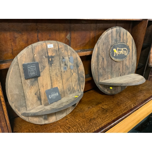 818 - Two barrel advertising wall shelves with cast Norton sign and Peaky Blinder slate mounts. (2)