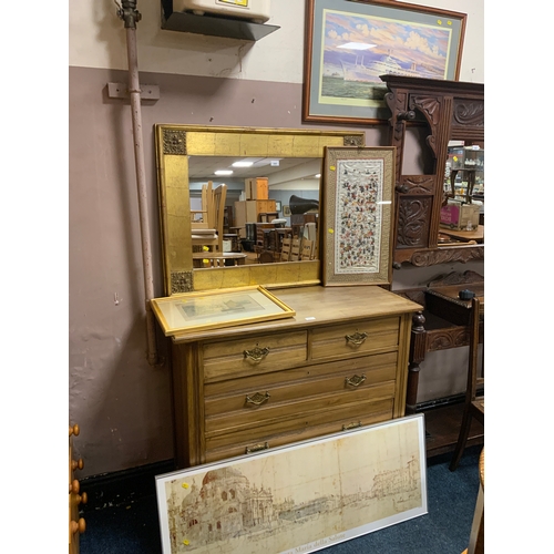 830 - A modern gilt rectangular mirror together with an Eastern silkwork panel, harbour engraving, Canberr... 