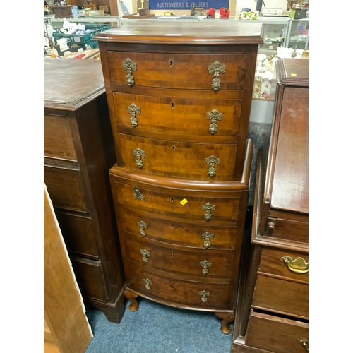 855 - A small reproduction walnut crossbanded chest on chest H 116 cm W 45 cm