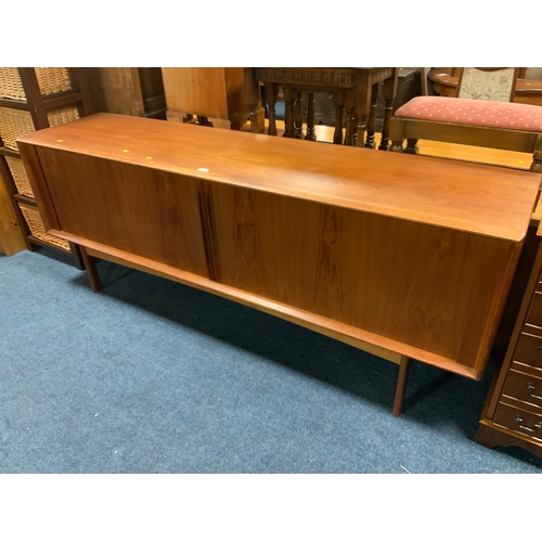 907 - A mid century teak sideboard with sliding tambour doors W 211 cm