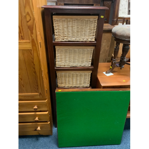 909 - A modern wicker shelving unit together with a folding card table  and a packing trunk (3)