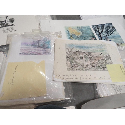 203 - Victoria Bowater Wright, a quantity of sketch books, unframed oils, pencil drawings and prints etc, ... 