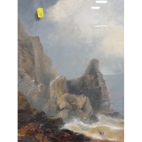 206 - J.Masters, a pair of oils on canvas stormy rocky coastal scenes 'Rocks near Bude' see labels verso, ... 