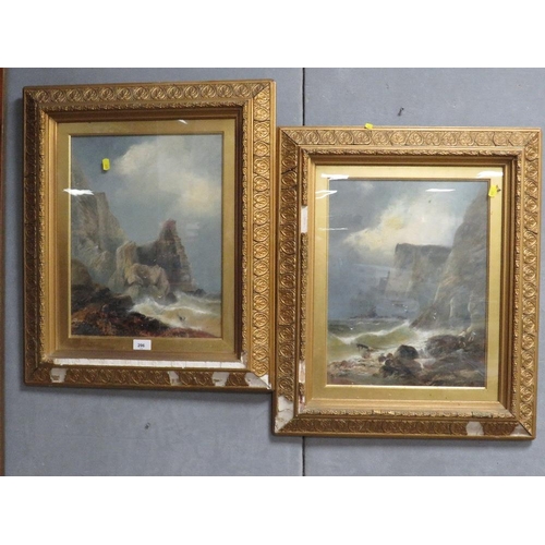 206 - J.Masters, a pair of oils on canvas stormy rocky coastal scenes 'Rocks near Bude' see labels verso, ... 