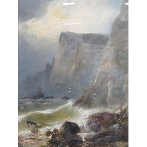 206 - J.Masters, a pair of oils on canvas stormy rocky coastal scenes 'Rocks near Bude' see labels verso, ... 