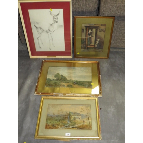 211 - Three watercolours and a print of a deer, one watercolour signed, various artists and  subjects all ... 