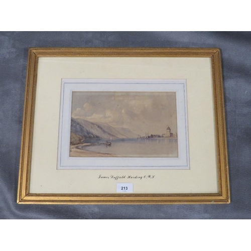 213 - Circle of James Duffield Harding, watercolour Italian Lake scene with boats and figures, see verso u... 