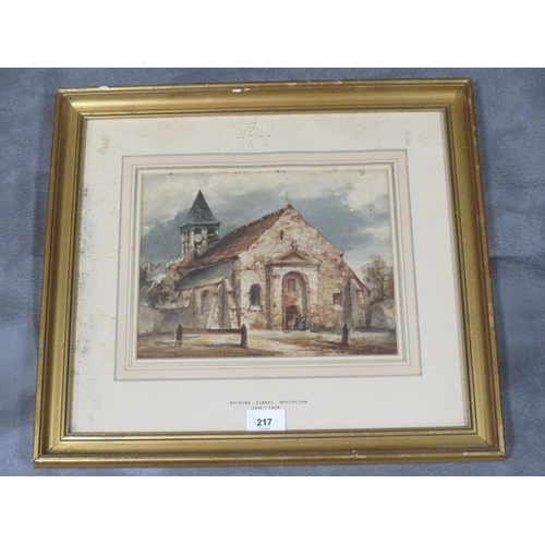 217 - Circle of Richard Parkes Bonnington, rural church with figures, unsigned, watercolour framed and gla... 