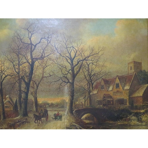 218 - A 19th century stormy village scene with horse cart and figures, unsigned oil on canvas, framed