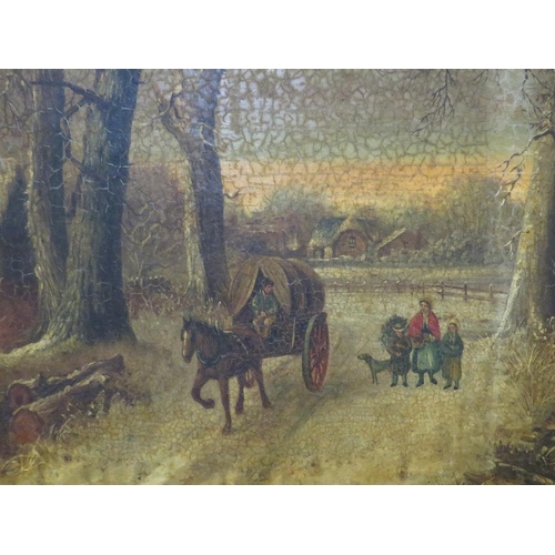 218 - A 19th century stormy village scene with horse cart and figures, unsigned oil on canvas, framed