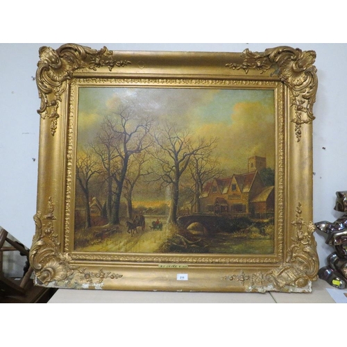 218 - A 19th century stormy village scene with horse cart and figures, unsigned oil on canvas, framed