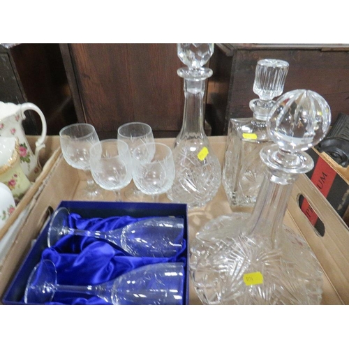 307 - A tray of assorted cut glass crystal to include a ships decanter