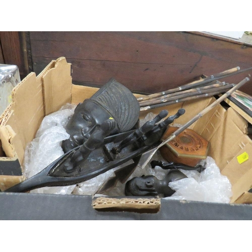 308 - Two trays of collectables to include carved African items