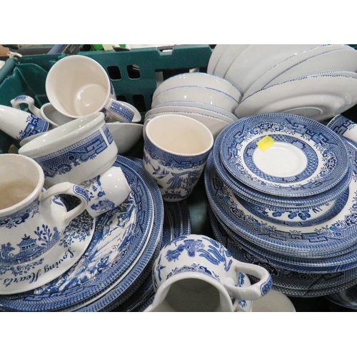 313 - Two trays of blue and white dinner ware to include Churchill