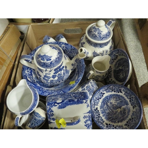 313 - Two trays of blue and white dinner ware to include Churchill