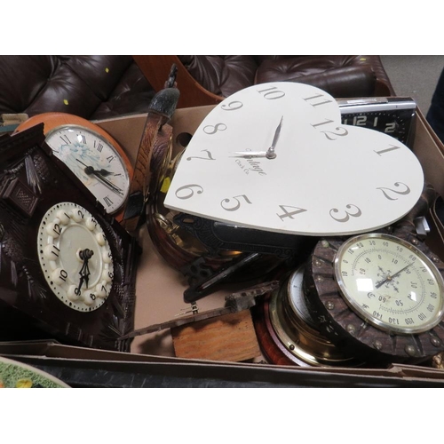 315 - Two trays of collectables and ceramics to include barometers