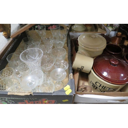 318 - Two trays of stoneware ceramics together with a tray of glassware