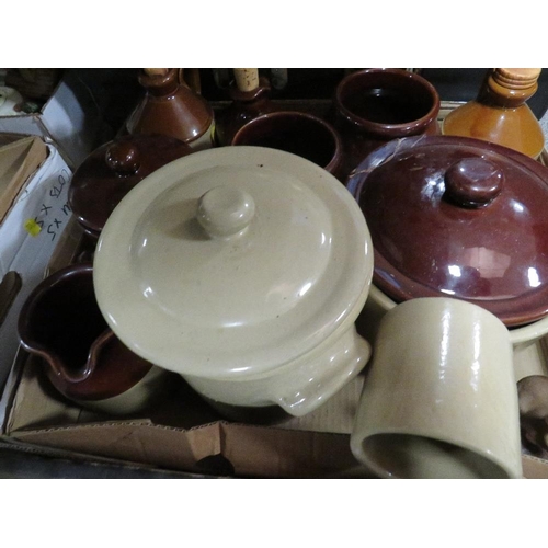 318 - Two trays of stoneware ceramics together with a tray of glassware