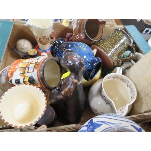 333 - Three trays of assorted ceramics to include a cast Deco figure